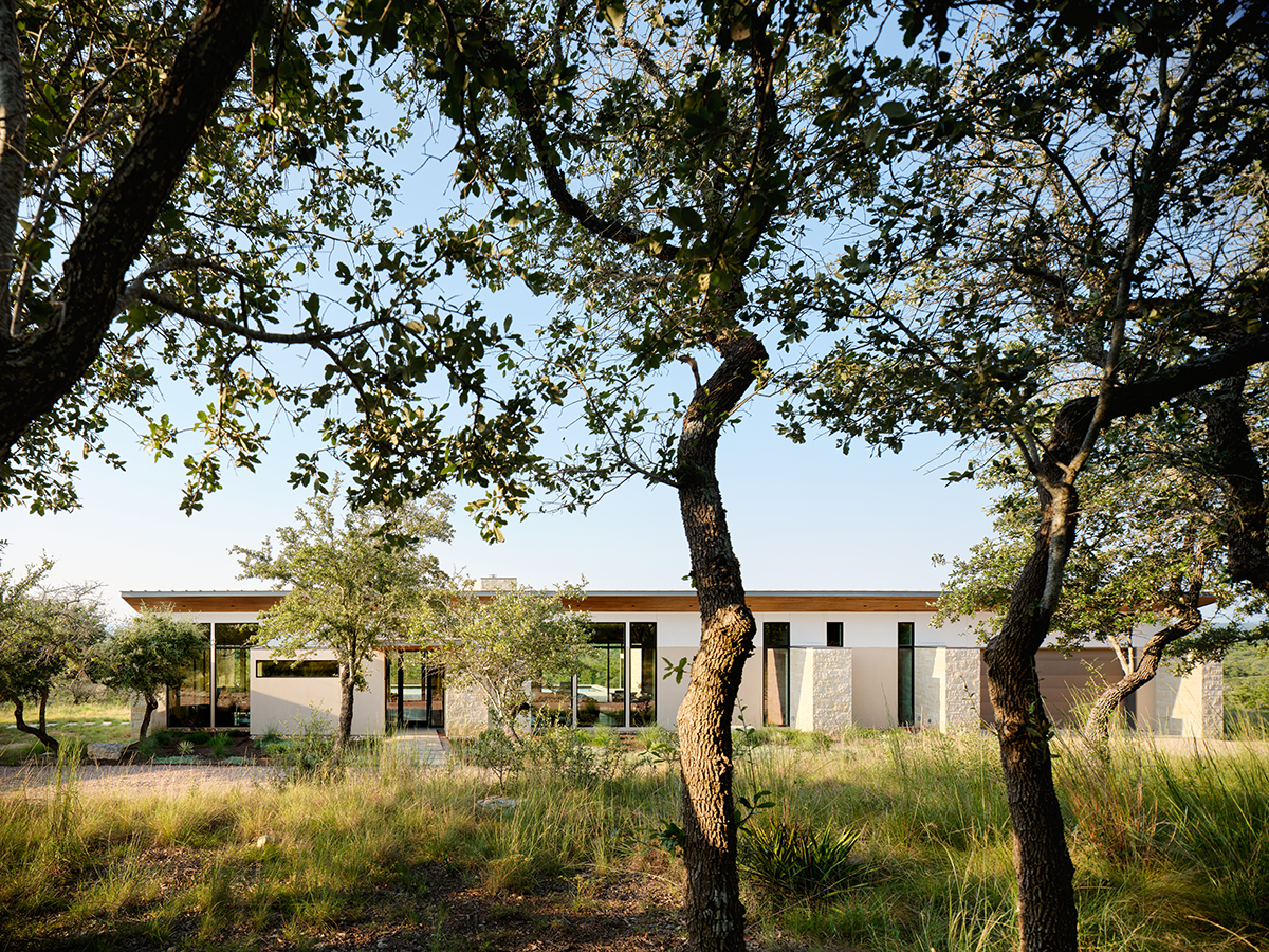 Exterior of modern home with trees in foreground