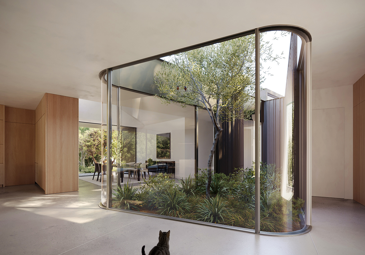 Rendering of interior of Free Flow House with black cat looking into an interior courtyard
