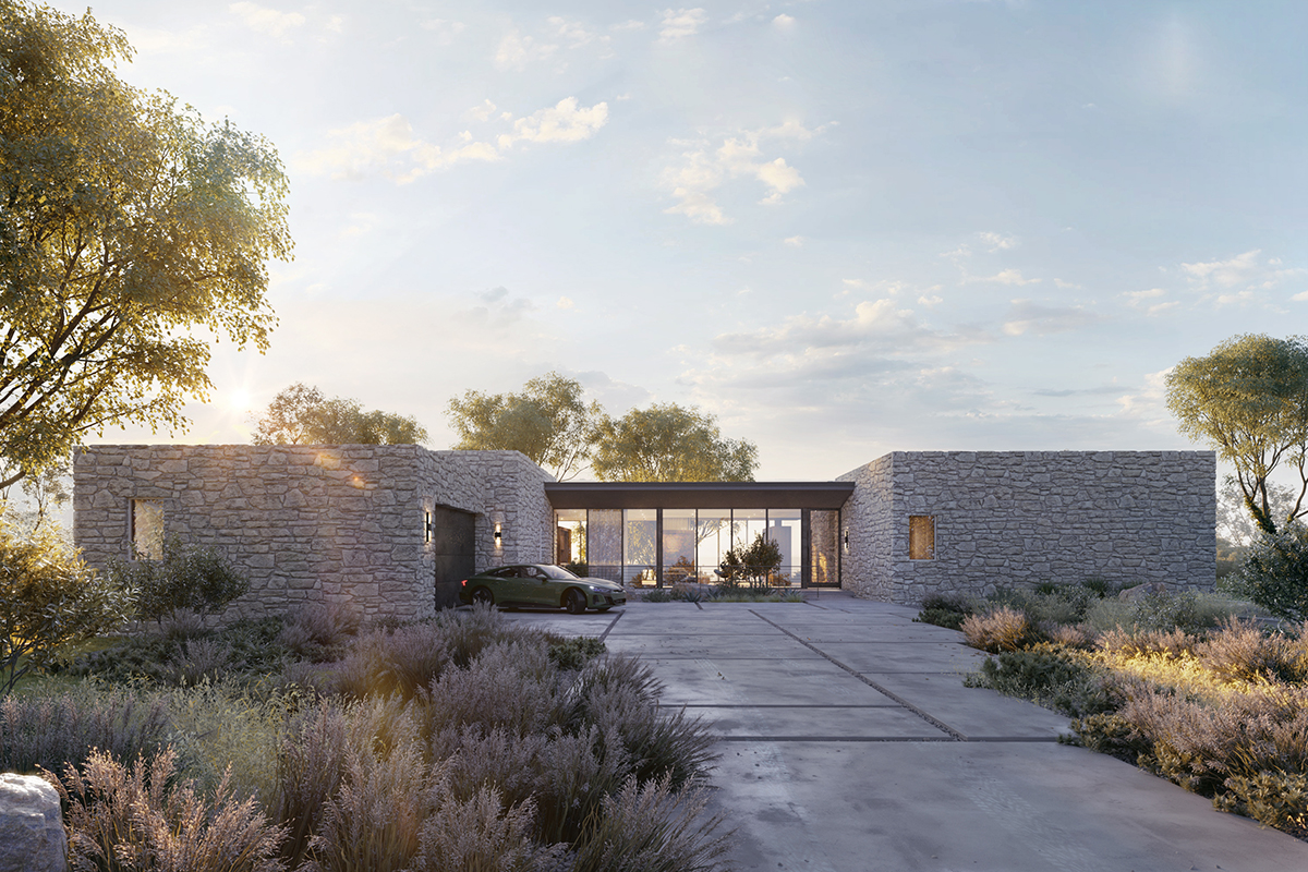 Rendering of modern home with chunky masonry and glassy pavilion
