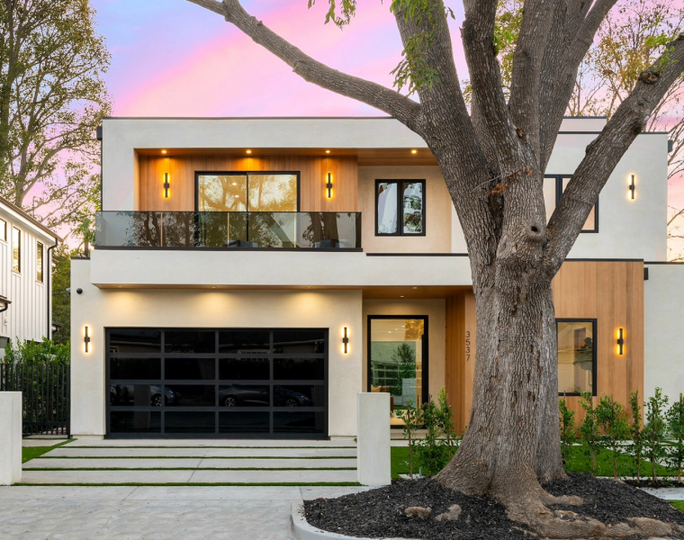 Rectangular modern home in urban area with wood and concrete facade